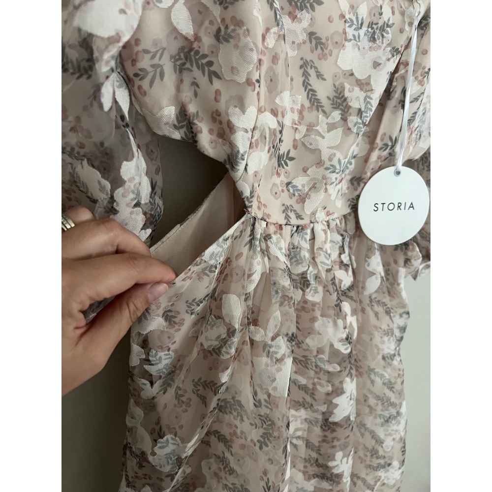 Storia Floral Organza Maxi Dress Puff Sleeve Cutout‎ Waist Small NWT Cottagecore - Picture 7 of 11